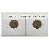 1910 & 1911 Lincoln Wheat Cent Pair Extra Fine XF