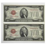 1928-D $2 Red Seal US Note Pair Consec Crisp Unc