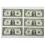 Six Different 1995 $1 FRN Notes Uncirculated CU