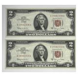 Lot of Two 1953-A $2 Red Seal US Notes AA Block CU