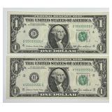 1985 $1 FRN Pair Same Serial Numbers Dist. D & H