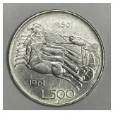 ITALY: 1961-R Silver 500 Lire Uncirculated UNC