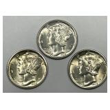 1938 P-D-S Mercury Silver Dime Trio BU