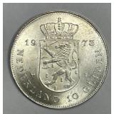 NETHERLANDS: 1973 Silver 10 Gulden BU