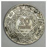 MOROCCO: 1928 Silver 20 Francs AU