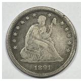1891 Seated Liberty Silver Quarter VG details