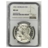 1921 Morgan Silver $1 NGC MS64