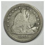 1865 Seated Liberty Silver Quarter Good details