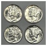 1942 - 1945 Mercury Silver Dime 4-Coin Lot BU