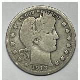 1913 Barber Silver Quarter Good G