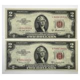 1953 A & B $2 Red Seal US Note Pair Extra Fine XF