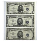 Three 1953 $5 Silver Certificate Notes XF