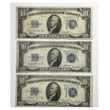 Three 1934 $10 Silver Certificate Notes Circ