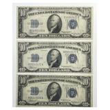Three 1934 $10 Silver Certificate Notes Circ