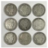 Nine Different Barber Silver Halves 1909-1915