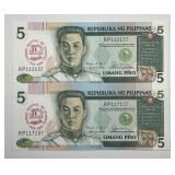 PHILIPPINES: 1989 5 Piso Uncut Sheet of 2 Notes