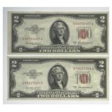 Lot of Two 1953-A $2 Red Seal US Notes AA Block VF