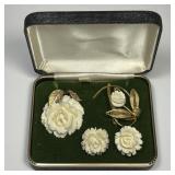 Van Dell 12K GF Celluloid Rose Brooch & Earrings