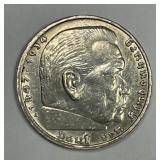 GERMANY: 1939-A Silver 5 Mark Hindenburg XF