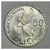 GUATEMALA: 1962 Silver 50 Centavos BU