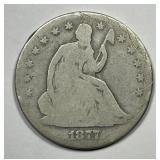 1877-CC Seated Liberty Silver Half About Good AG
