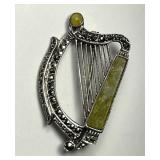 Sterling Connemara Marble Irish Harp Brooch