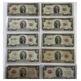 Ten Circulated $2 Red Seal US Notes