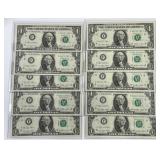 Ten 1977 $1 FRN STAR Notes Consecutive Serial CU