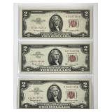 Three 1953 & 1963 $2 Red Seal US Notes AA Block CU