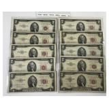 Ten 1953 $2 Red Seal Legal Tender US Notes