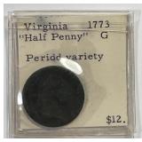 1773 Virginia Half Penny Colonial Period Variety