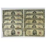 Ten 1963 $5 Red Seal US Notes All AA Block