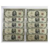 Mix of 10 Decent $5 Red Seal US Notes AA Block