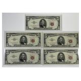 Five 1963 $5 Red Seal US NotesAA Block Crisp Unc