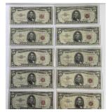 Ten Circulated No Problem $5 Red Seal US Notes
