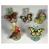 5 Barnier Ceramic Liquor Bottles Butterflies c1971