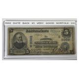 1902 $5 National Bank Norfolk VA Date Back CH#3368