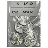 Lot of 5 1/10 oz .999 Silver Walking Liberty Style