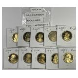 Lot of 10 Different Proof Sacagawea Dollars