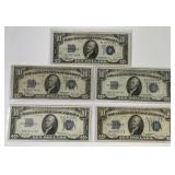 Five Nice 1934 $10 Blue Seal Silver Certificates