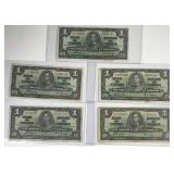 CANADA: Five Nice 1937 $1 Canadian Currency Notes