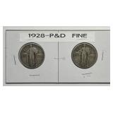 1928 P & D Standing Liberty Quarter Pair Fine