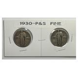 1930 P & S Standing Liberty Quarter Pair Fine