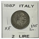 ITALY: 1887-R Silver 2 Lire Extra Fine XF
