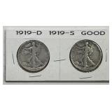 1919 D & S Walking Liberty Silver Half Pair Good G