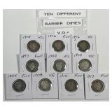 Ten Different Barber Silver Dimes Very Good VG+