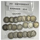 Lot of 20 Different Barber Silver Dimes in Good G