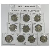 Ten Different Early Dated Buffalo Nickels 1913-25