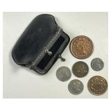 Antique Change Purse with 6 Pre-1865 Coins
