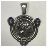 Ancient Coin Style Sterling Pendant w/Lapis Stones